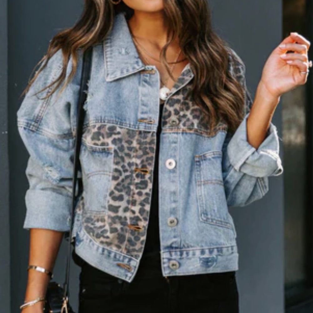 Redone Pocketed Leopard Distressed Denim Jacket